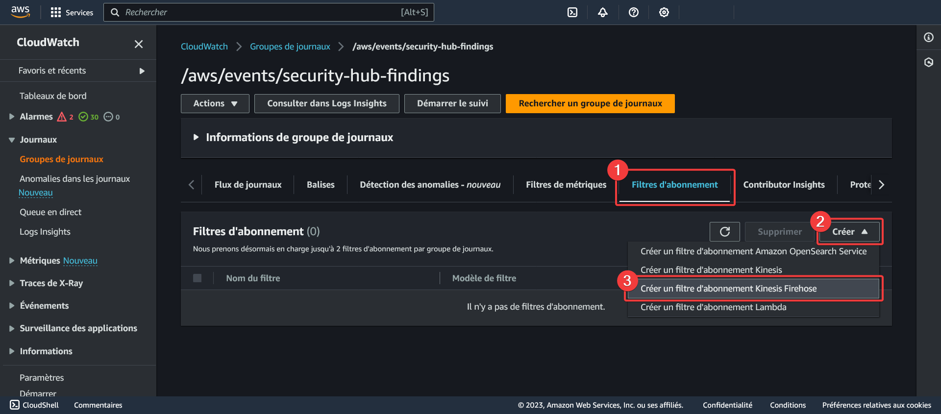 AWS - CloudWatch - Groupes de journaux - Détails du groupe de journaux - Filtres d'abonnement