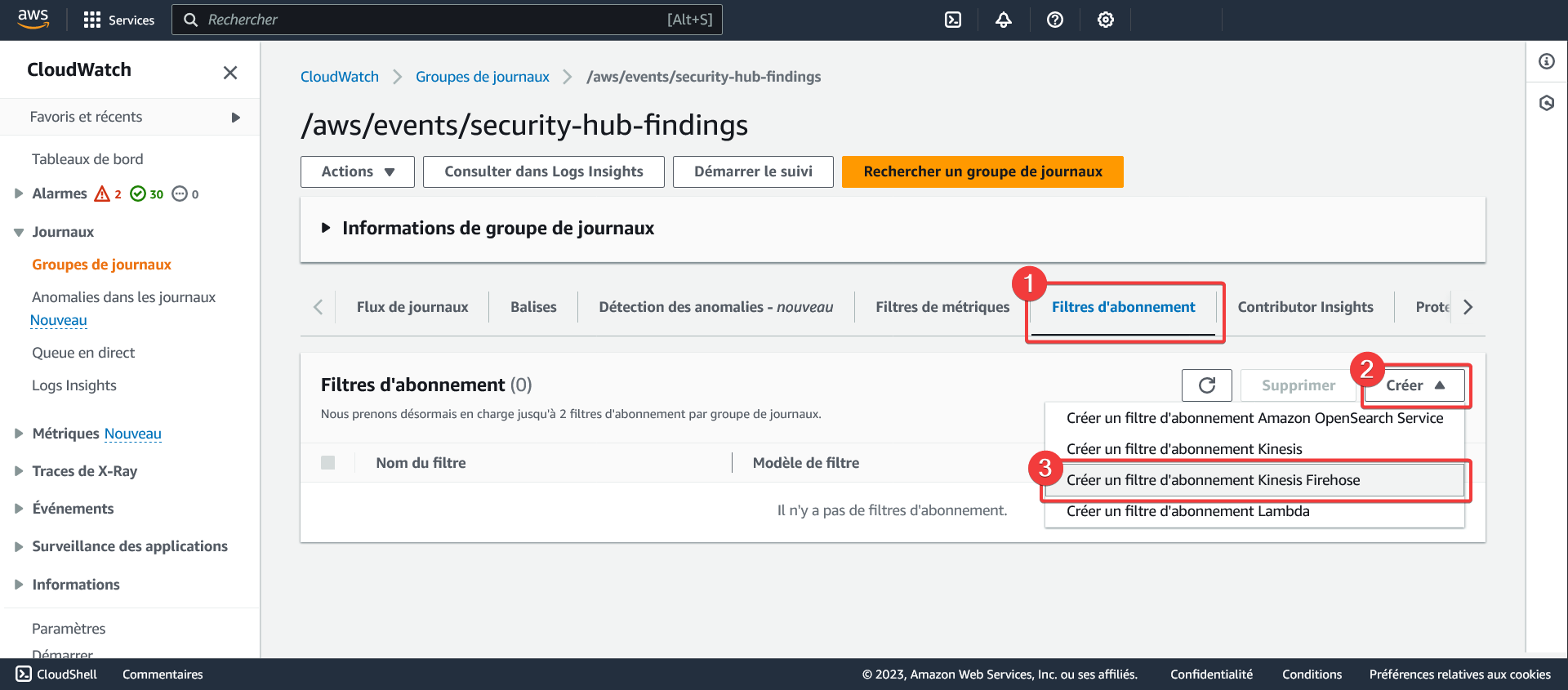 AWS - CloudWatch - Groupes de journaux - Détails du groupe de journaux - Filtres d'abonnement