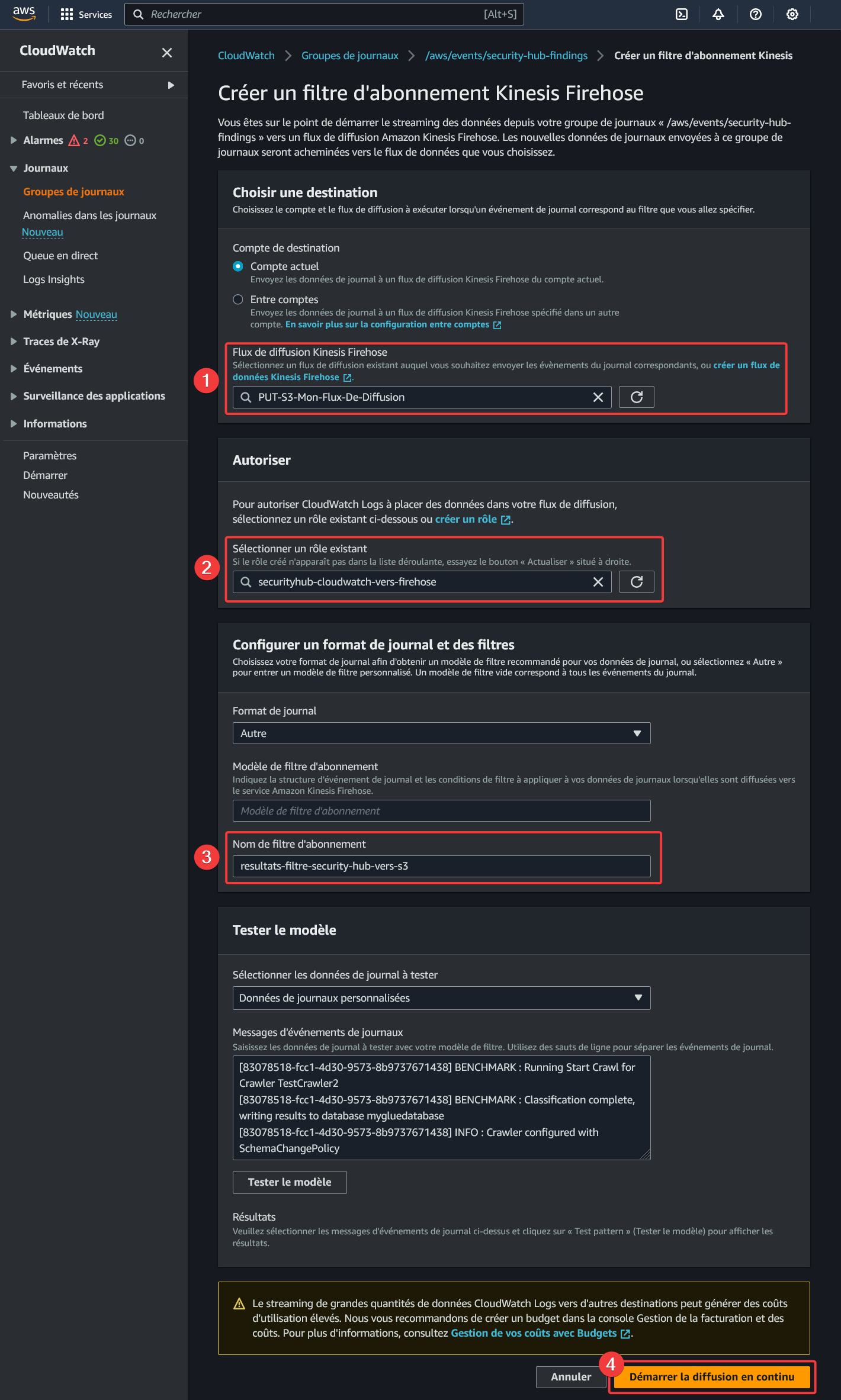 AWS - CloudWatch - Groupes de journaux - Filtres d'abonnement - Créer un filtre d'abonnement Kinesis Firehose