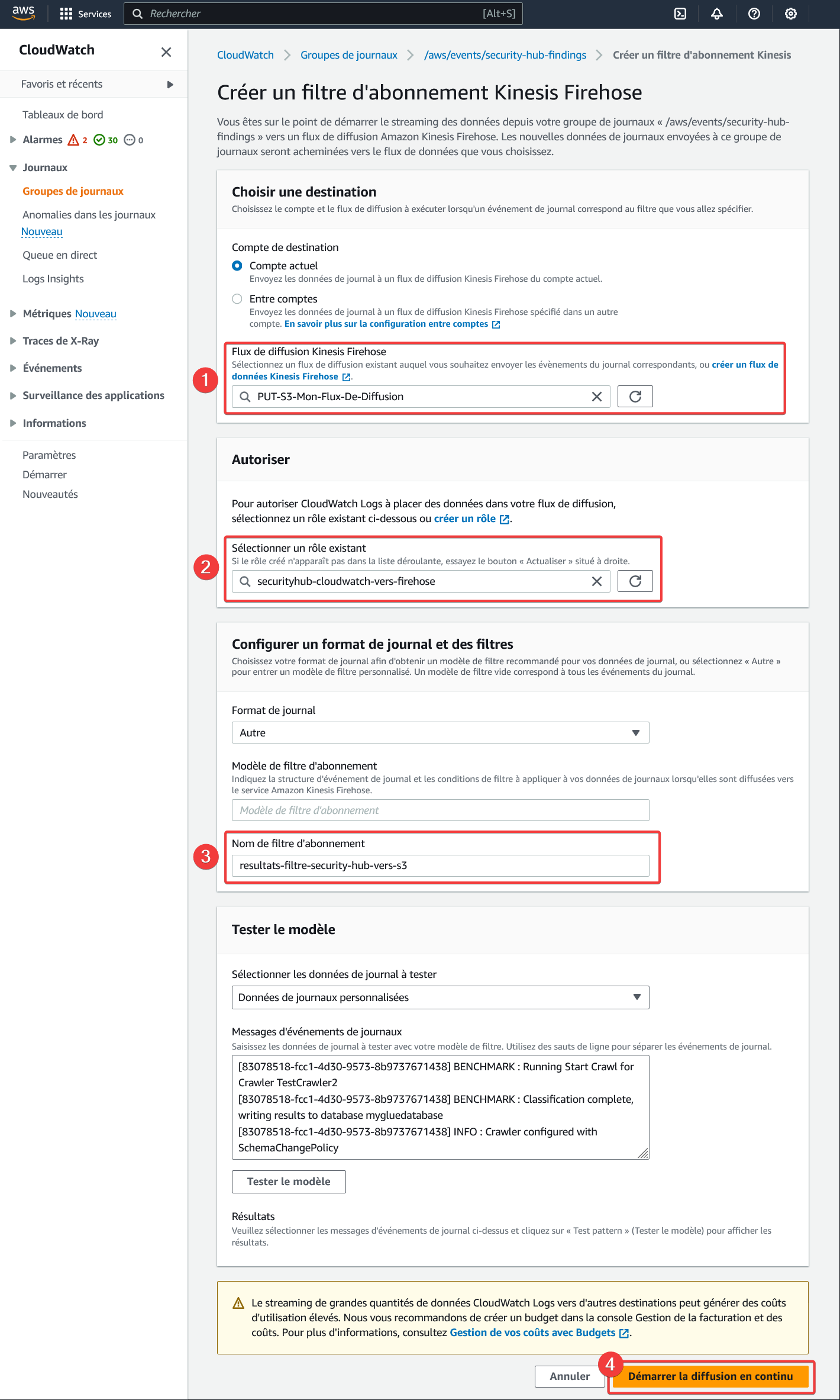 AWS - CloudWatch - Groupes de journaux - Filtres d'abonnement - Créer un filtre d'abonnement Kinesis Firehose