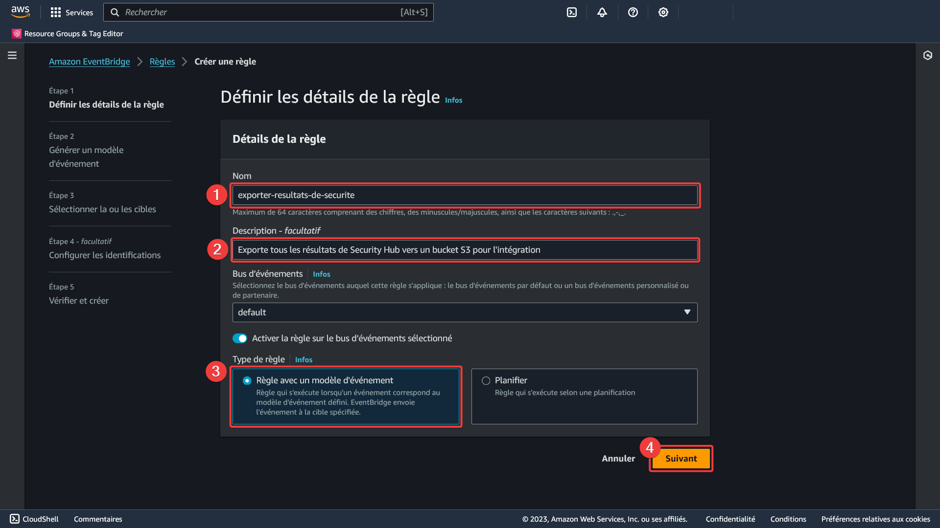 AWS - Amazon EventBridge - Règles - Créer une règle - Définir les détails de la règle