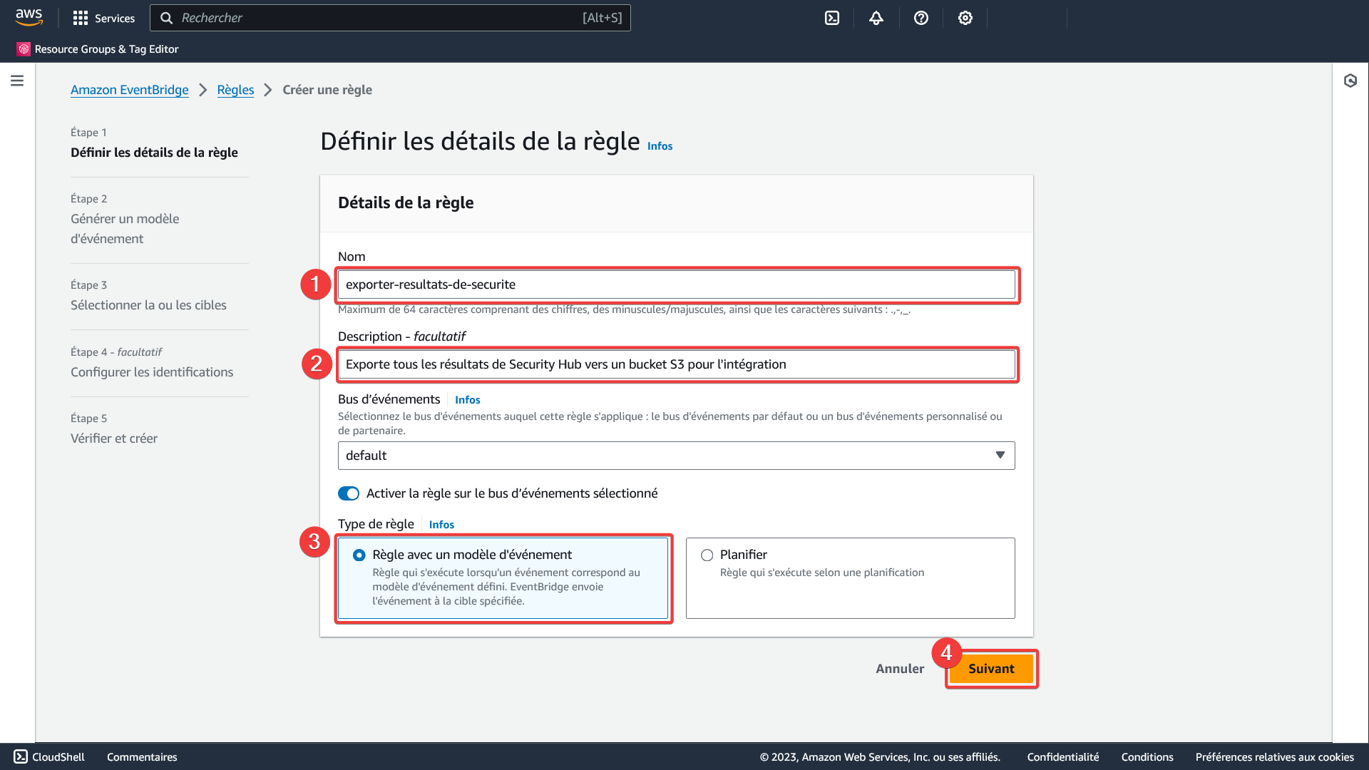 AWS - Amazon EventBridge - Règles - Créer une règle - Définir les détails de la règle