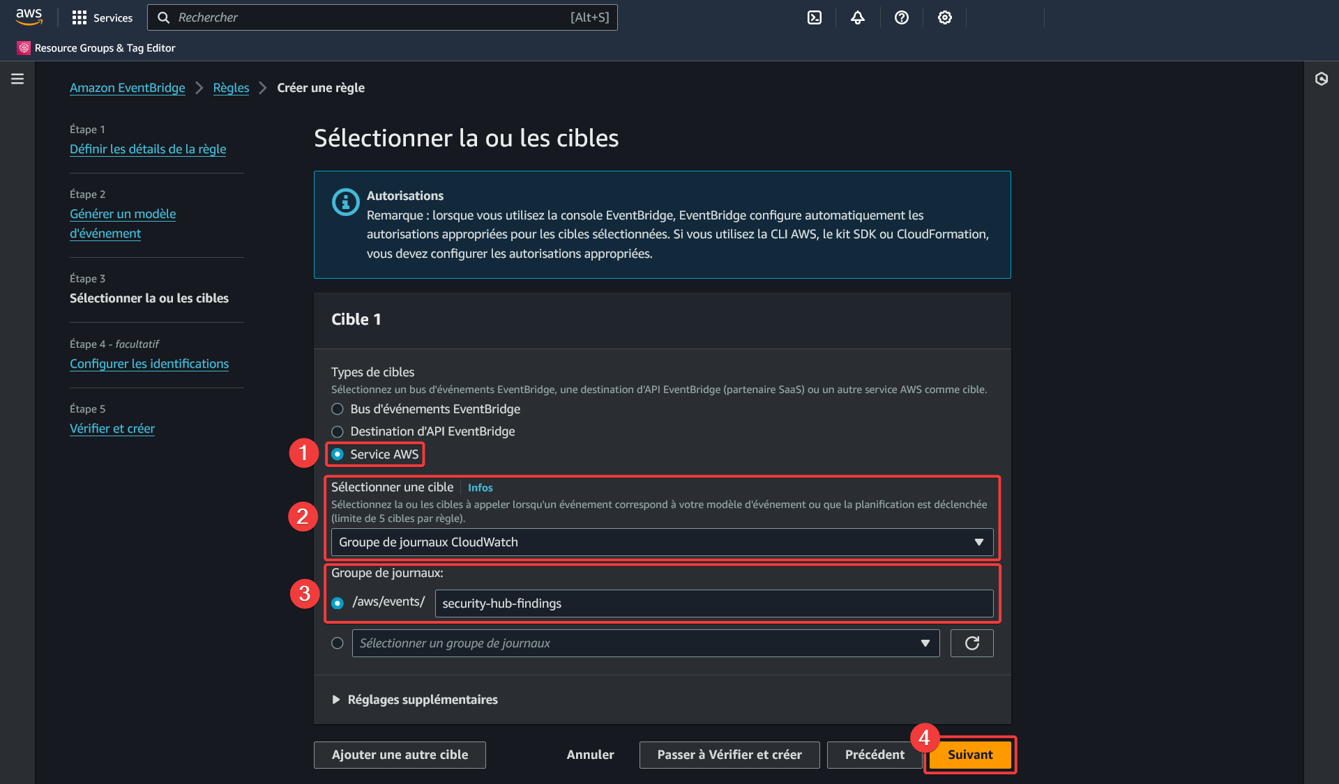 AWS - Amazon EventBridge - Règles - Créer une règle - Sélectionner la ou les cibles