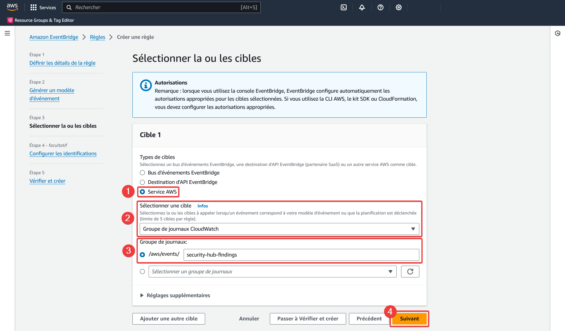 AWS - Amazon EventBridge - Règles - Créer une règle - Sélectionner la ou les cibles