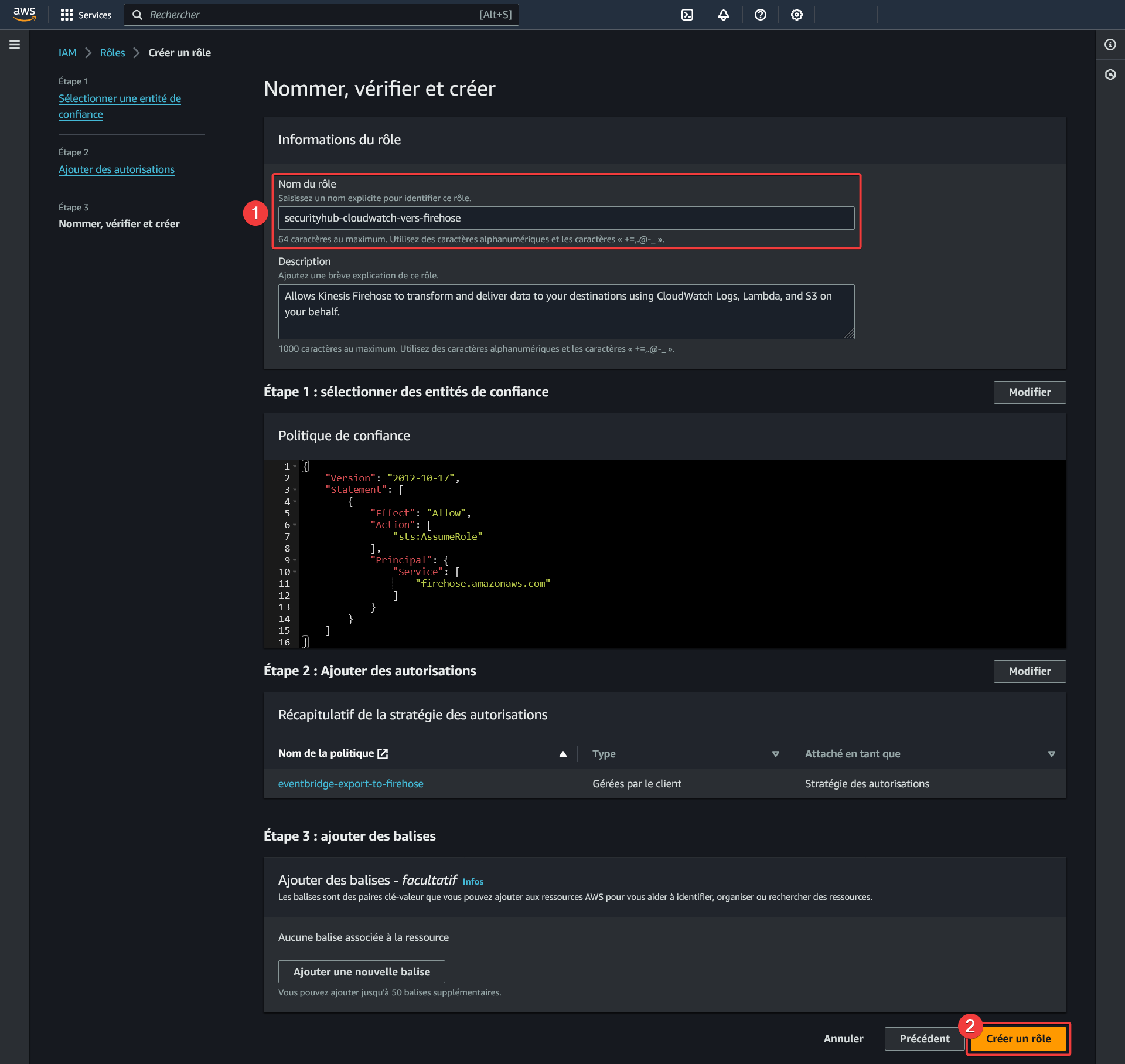 AWS - IAM - Rôles - Créer un rôle - Nommer, vérifer et créer