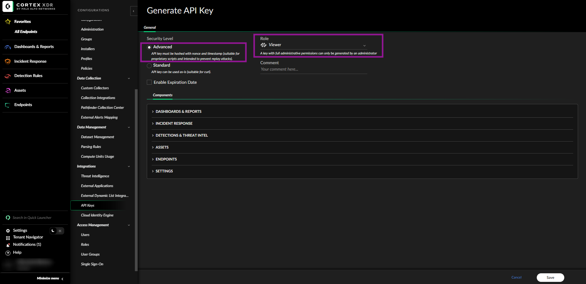 Cortex XDR - Configurations - Integrations - API Keys - Generate API Key