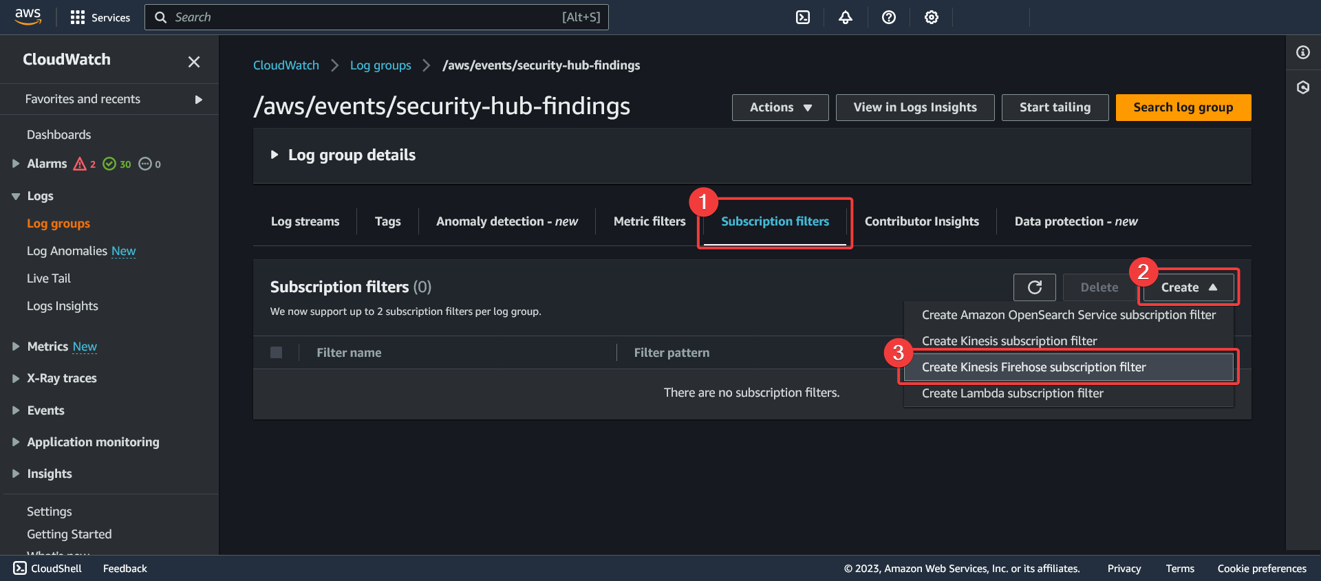 AWS - CloudWatch - Log Groups - Log group details - Subscription filters