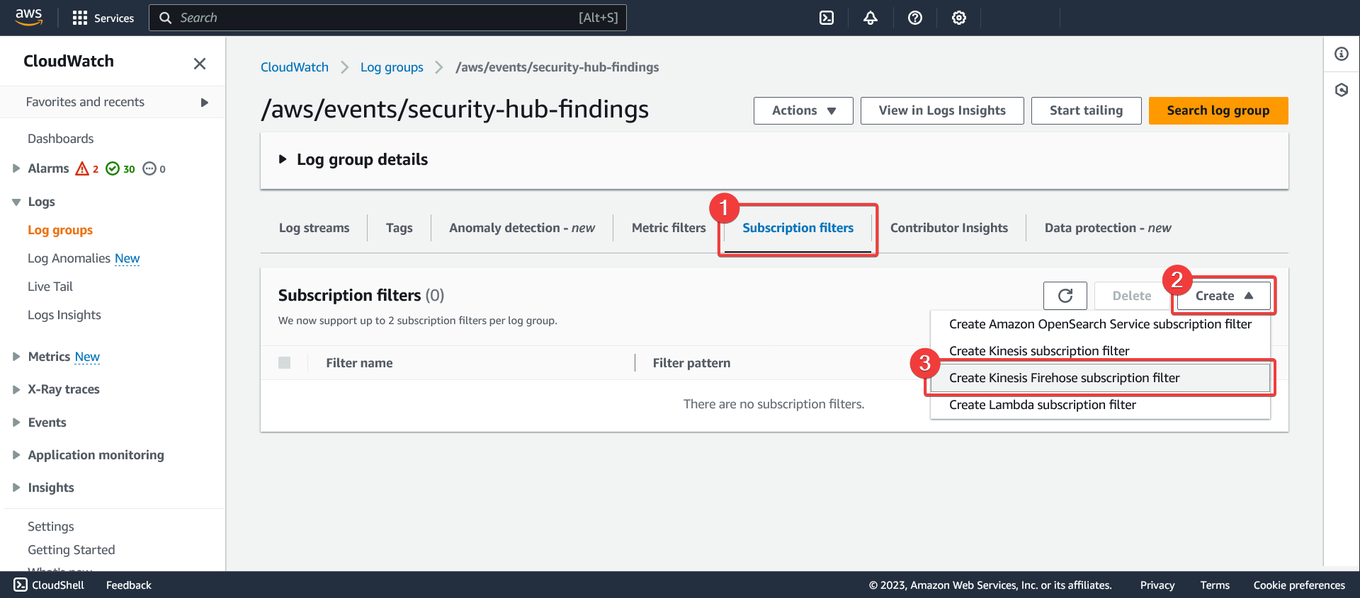 AWS - CloudWatch - Log Groups - Log group details - Subscription filters