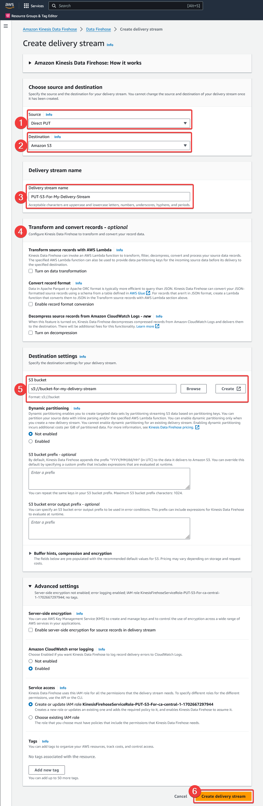 AWS - Kinesis Data Firehose - Create a delivery stream