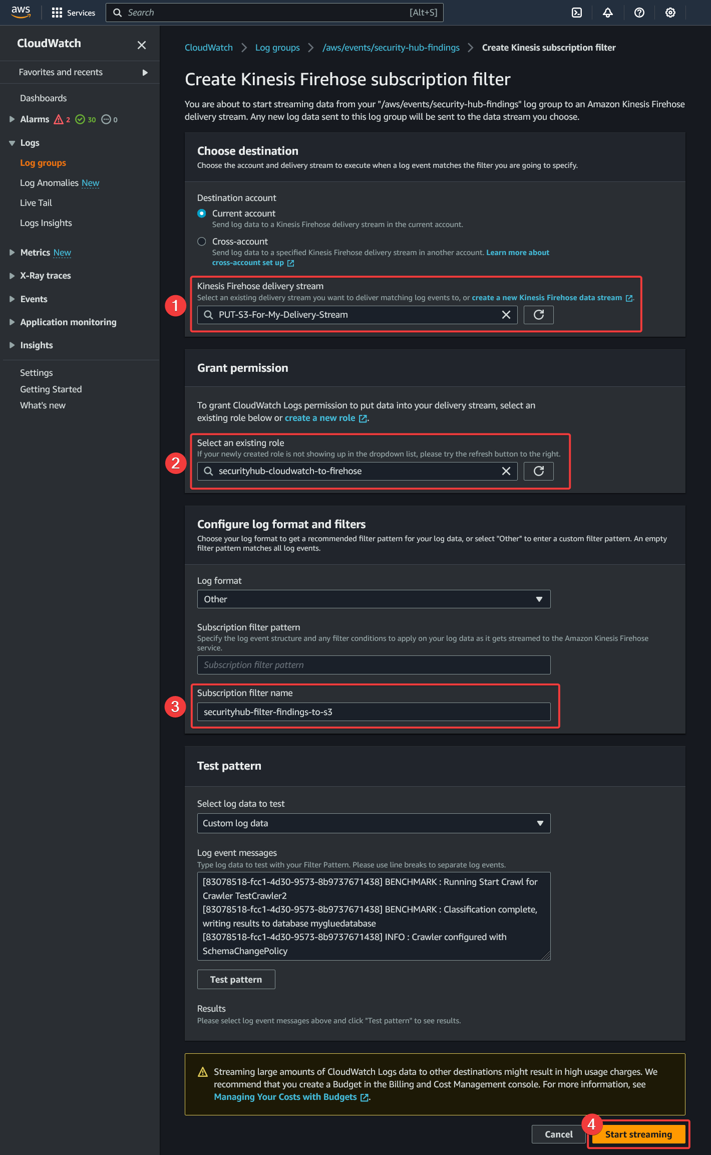 AWS - CloudWatch - Log Groups - Subscription Filters - Create Kinesis Firehose subscription filter