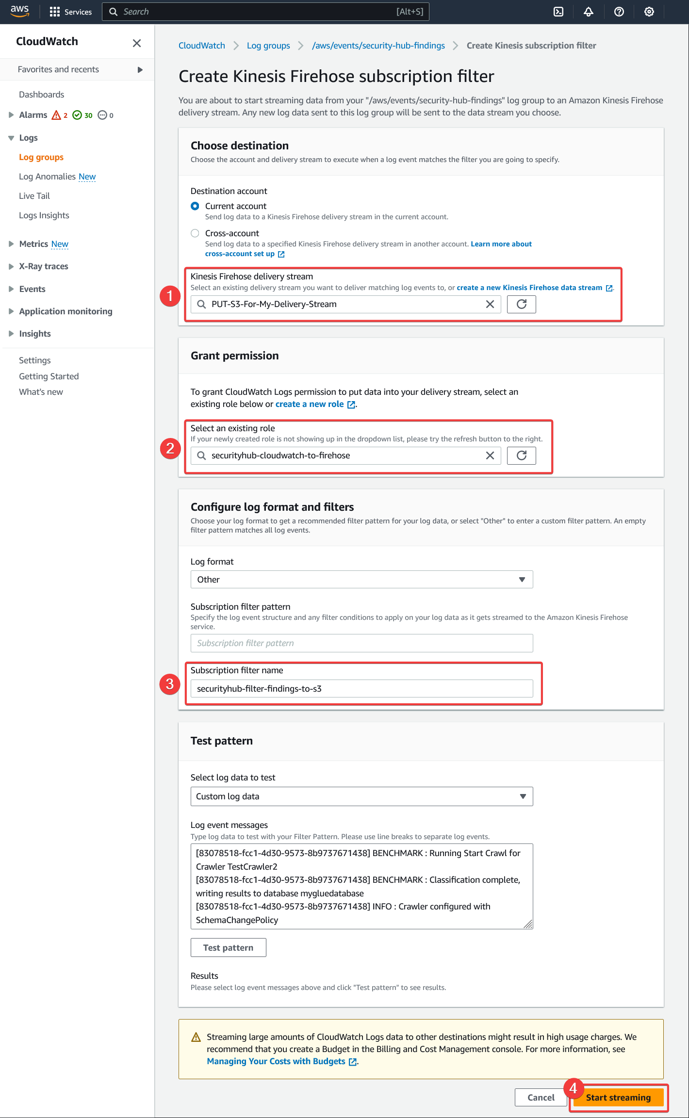 AWS - CloudWatch - Log Groups - Subscription Filters - Create Kinesis Firehose subscription filter