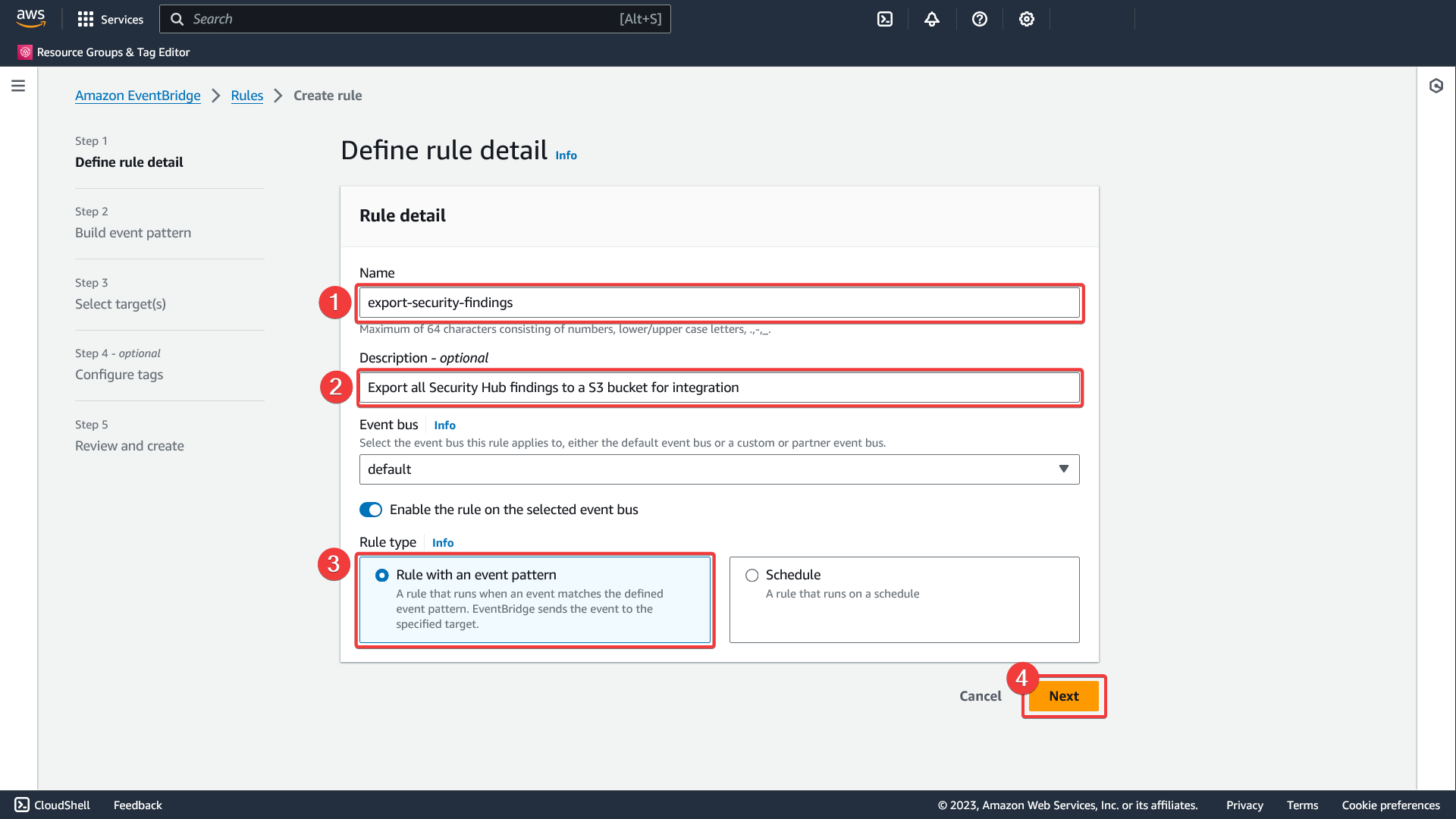 AWS - Amazon EventBridge - Rules - Create rule - Define rule details