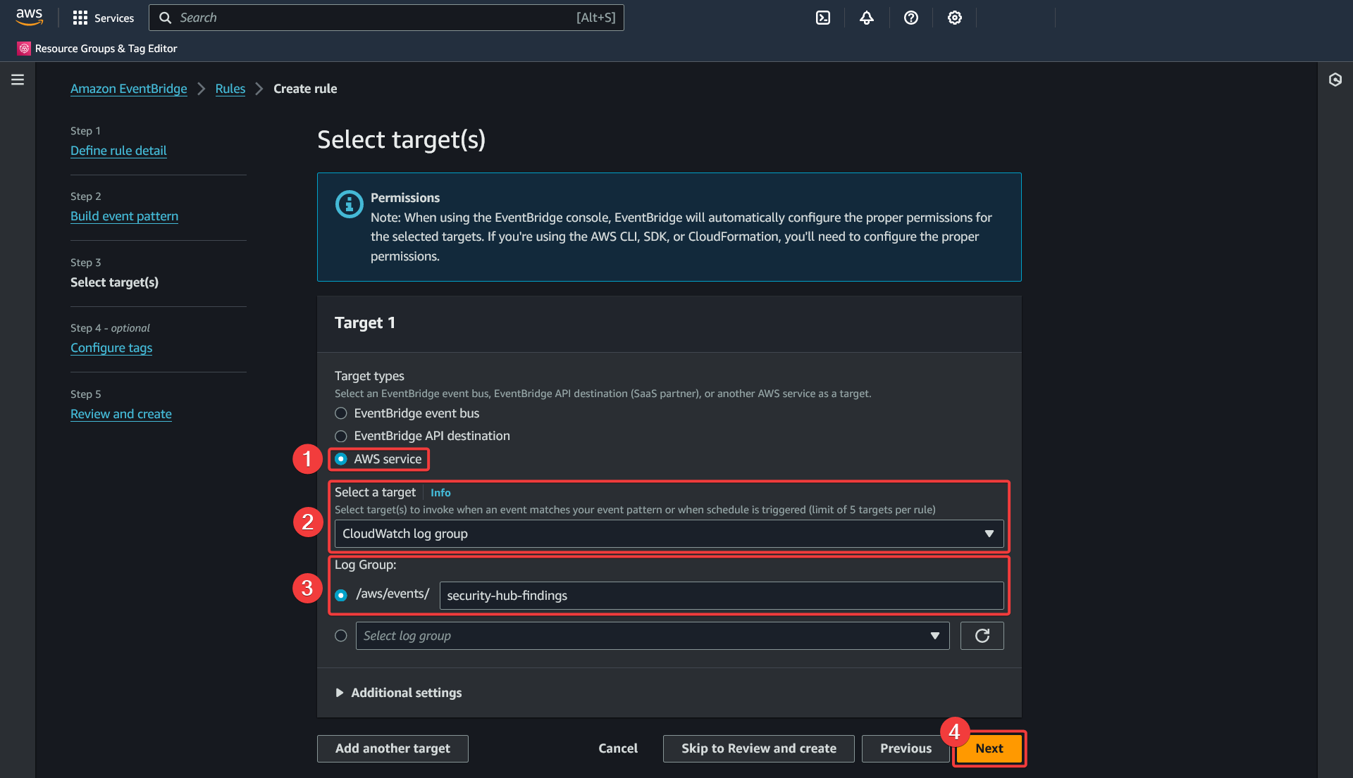 AWS - Amazon EventBridge - Rules - Create rule - Select target(s)