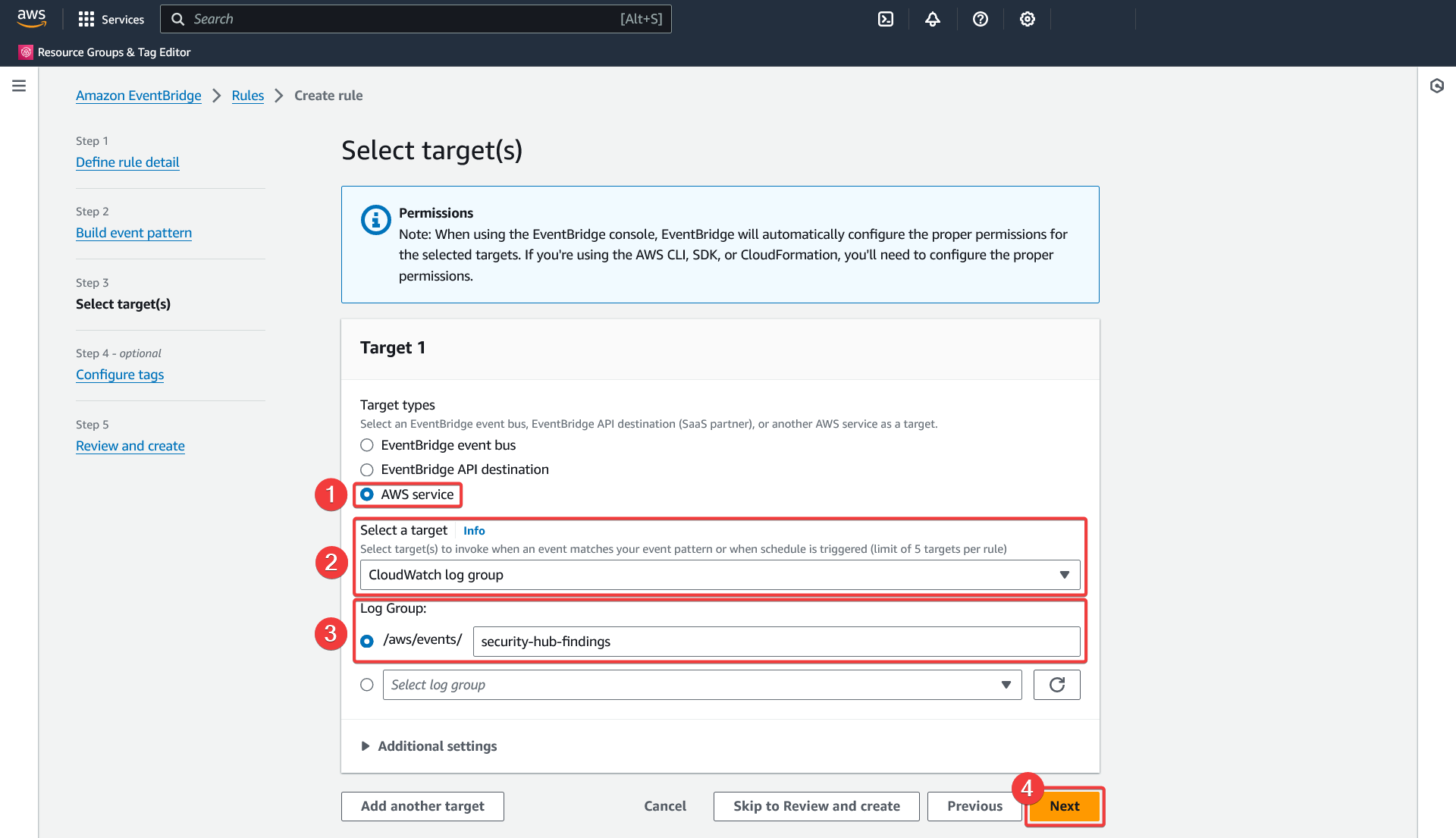 AWS - Amazon EventBridge - Rules - Create rule - Select target(s)