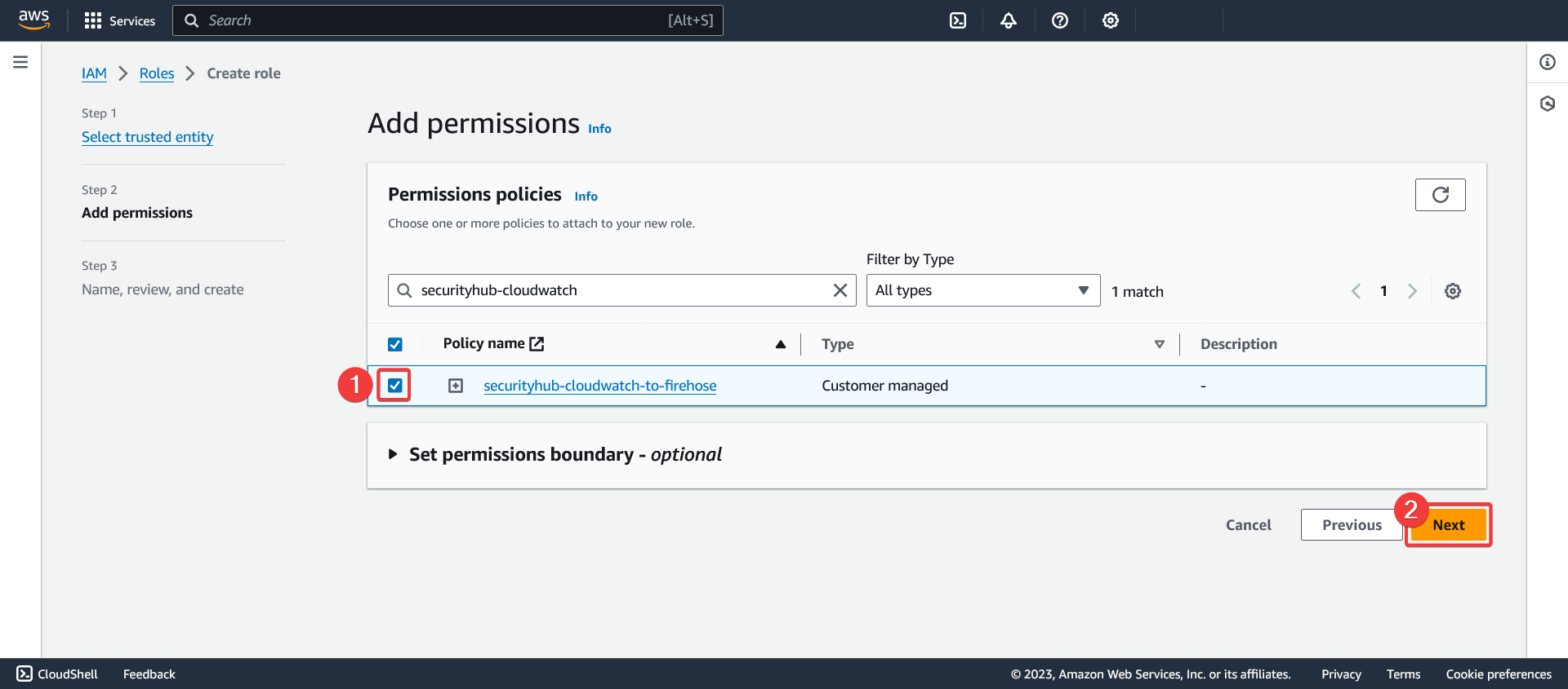 AWS - IAM - Roles - Create a role - Add permissions