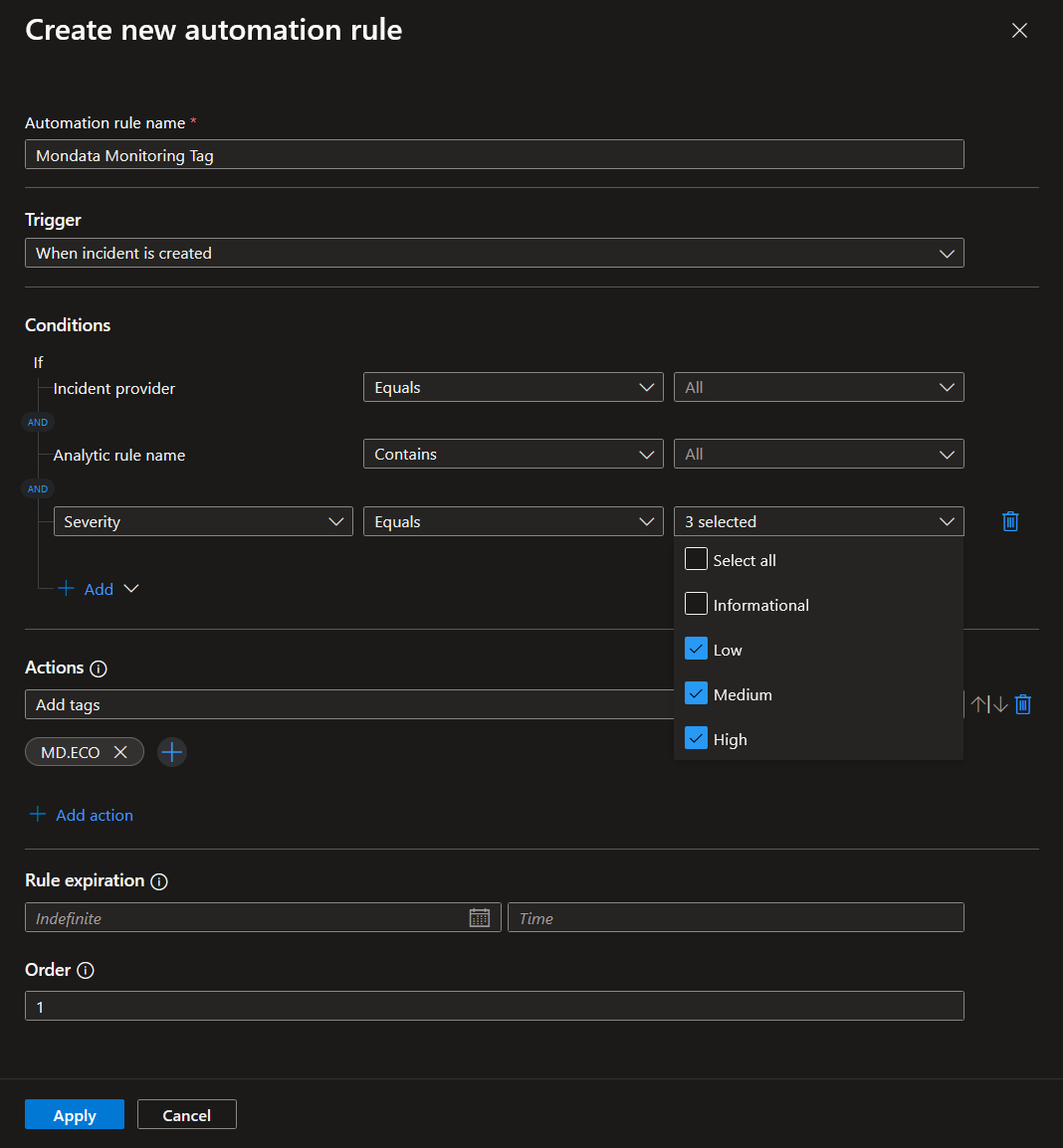 Azure - Microsoft Sentinel - Instance - Create new automation rule